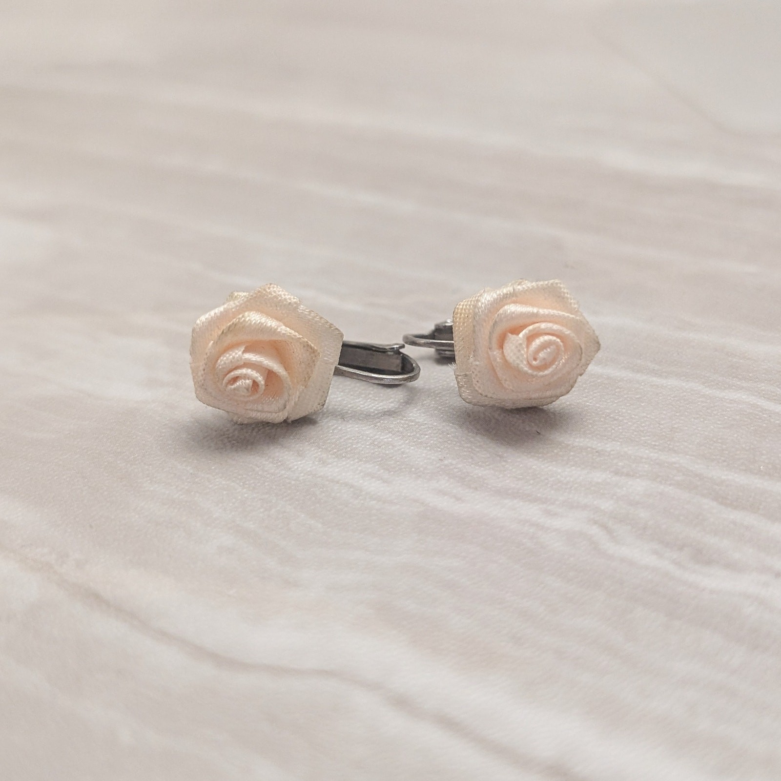 Vintage Clip On Earrings Very Light Peachy Pink Fabric Rose
