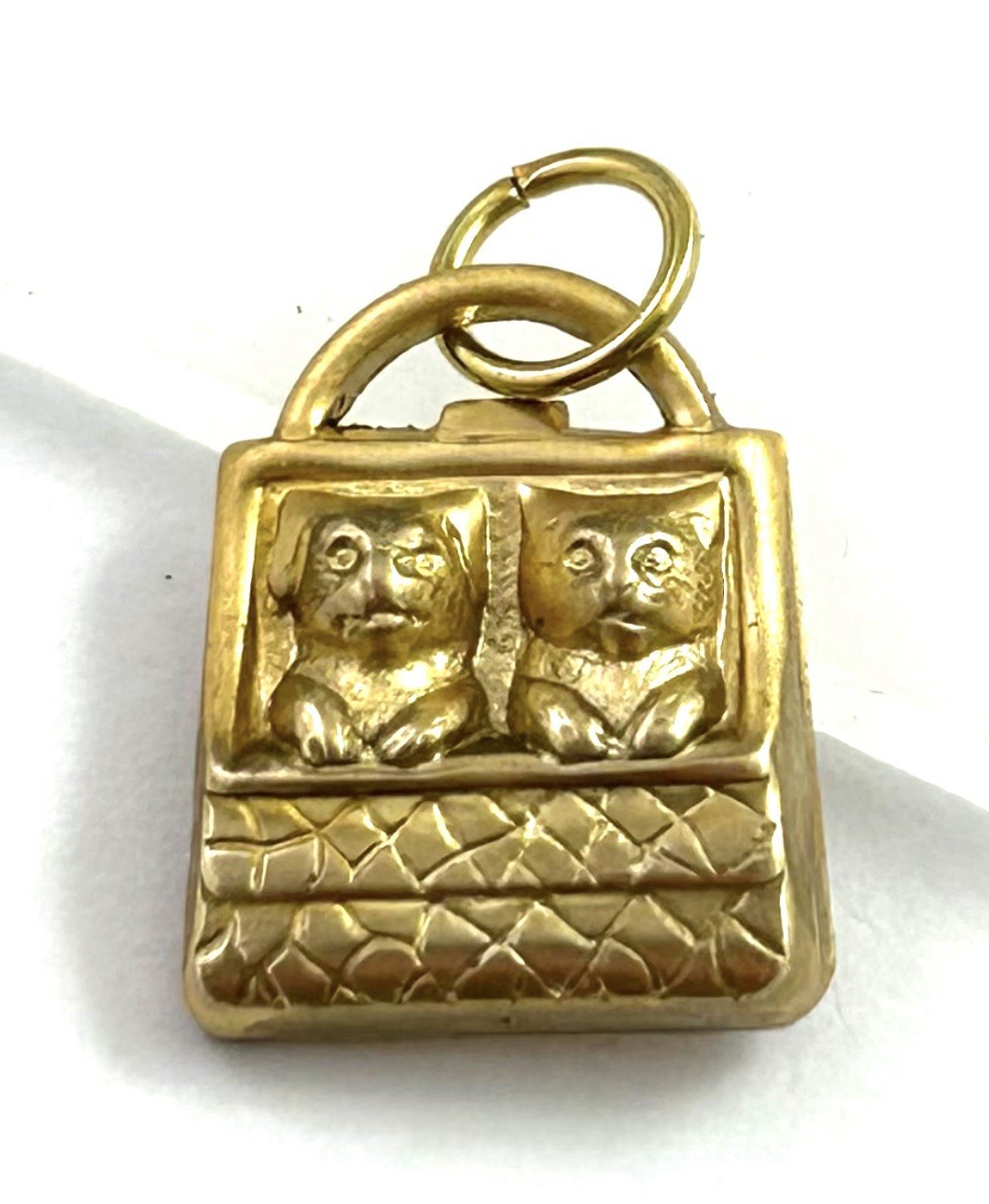 Vintage Charm Kitten Puppy In Purse Vintage Jewelry Raw Brass Stamping Pendant