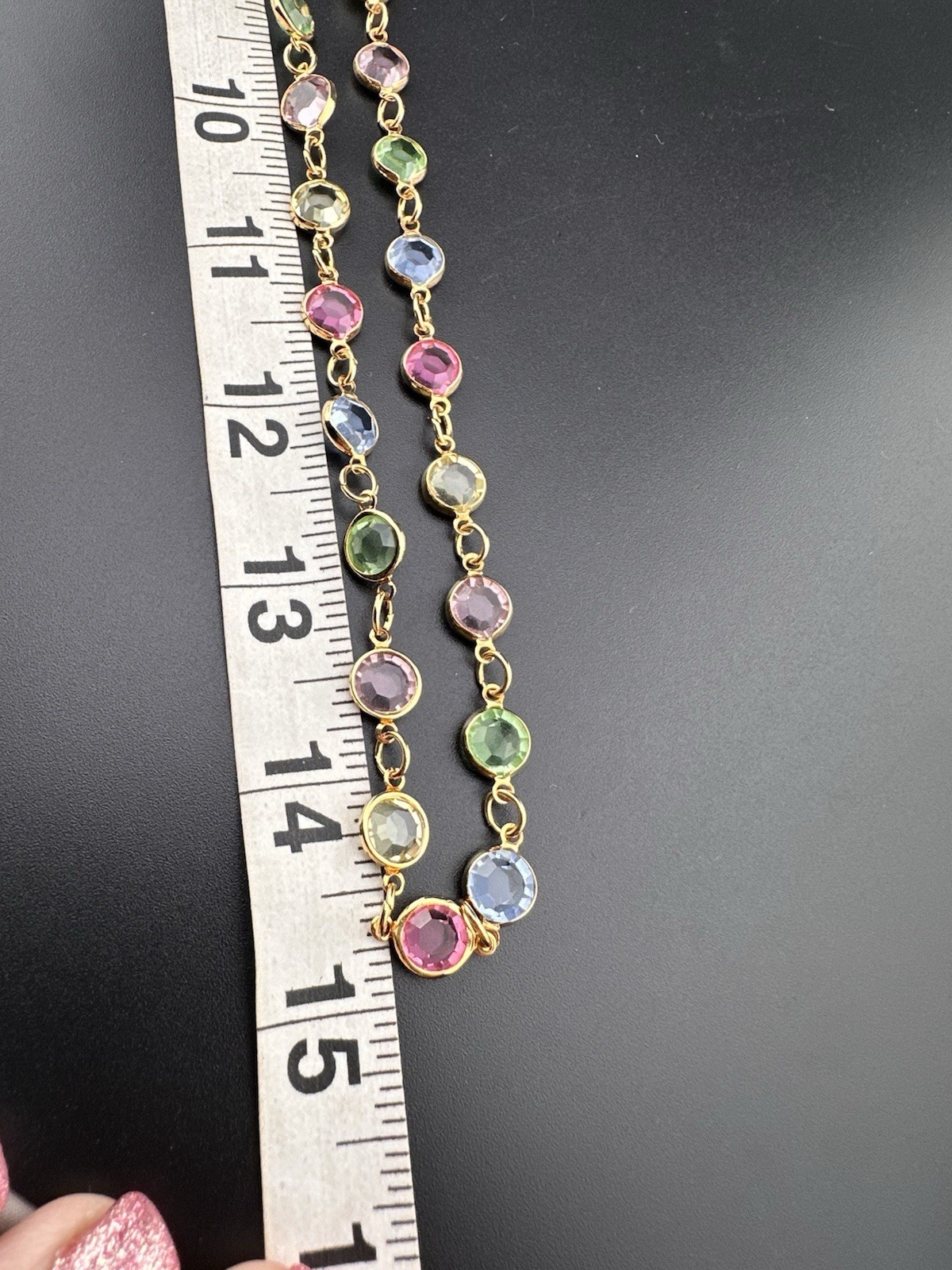 Rafaelian Vintage Long Necklace Open Bezel Austrian Crystal USA Multi-Color 30”