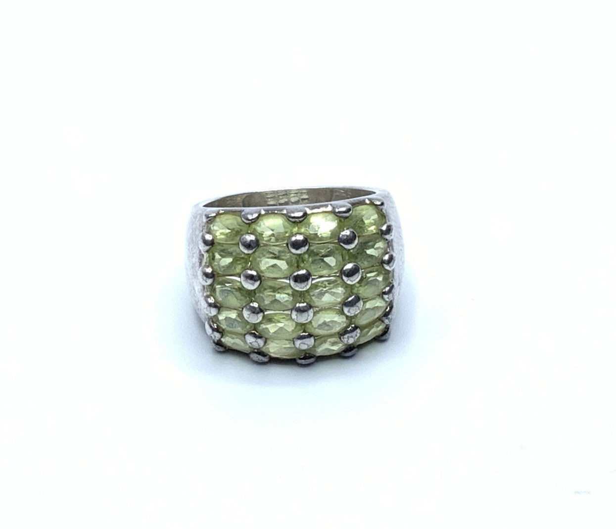 DBJ 925 Sterling Silver Rhodium Peridot 5 Row Wide Cigar Band Ring ~ Sz. 8