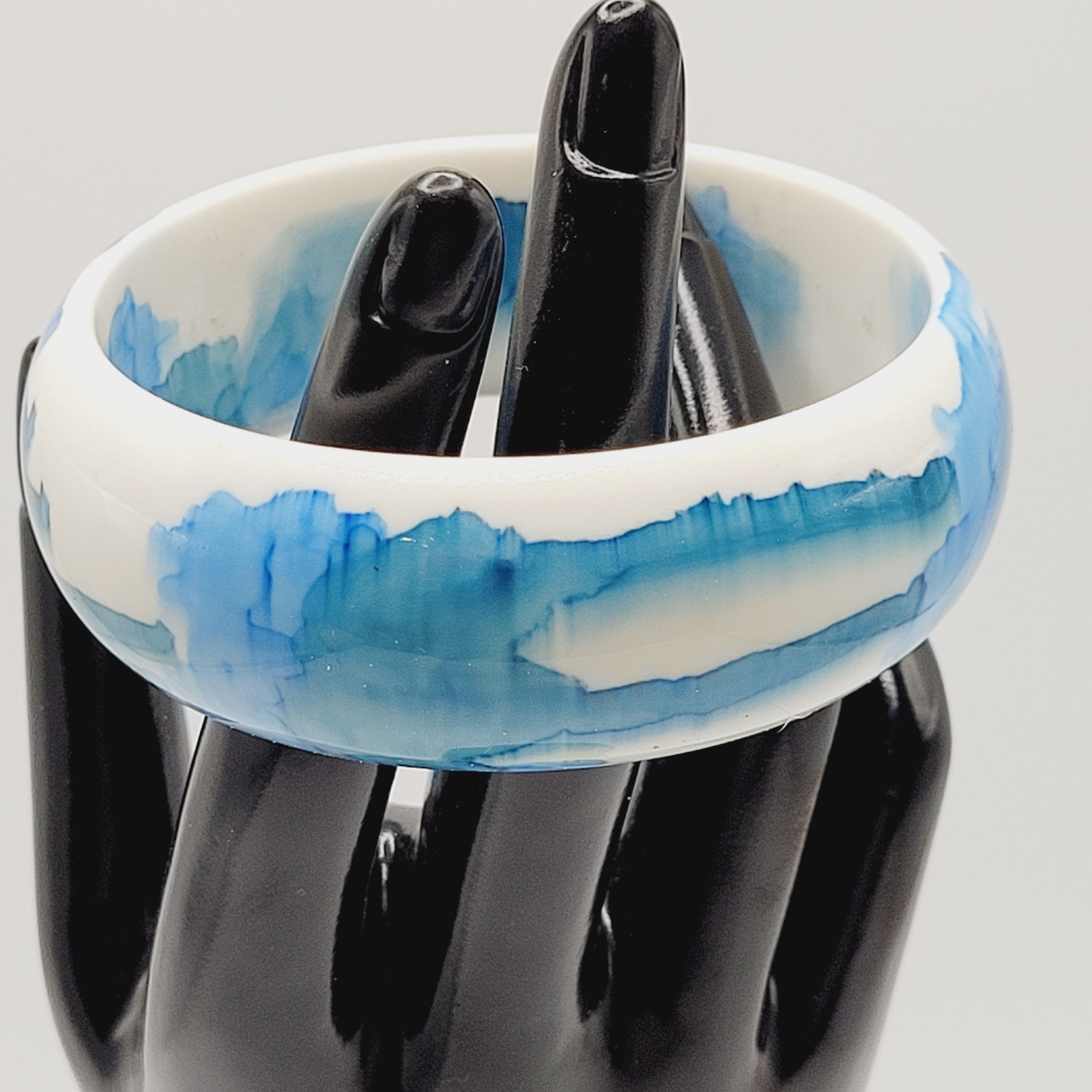 Marbled Watercolor Ink Blot Design Blue White Acrylic Chunky Bangle Bracelet