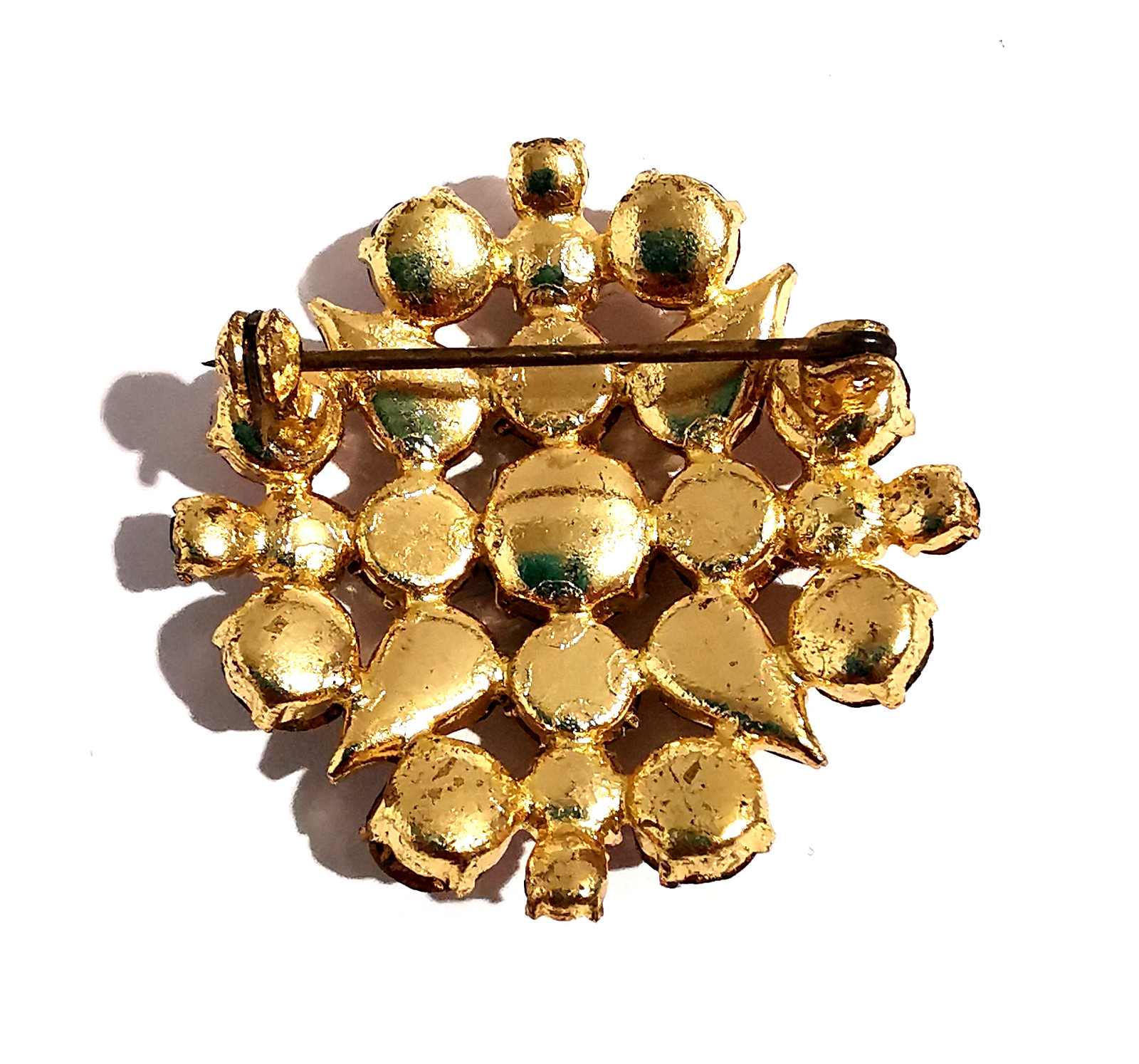 Vintage Czech Brooch Yellow and Broun Faceted Glass Gilded Metal Pin Handmade