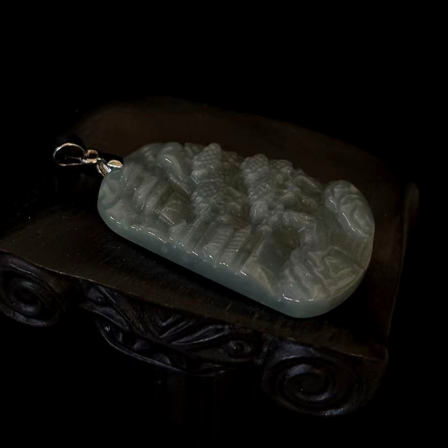 High-grade Natural Green Jade Jadeite Pendant Embossed Landscape, Free Necklace