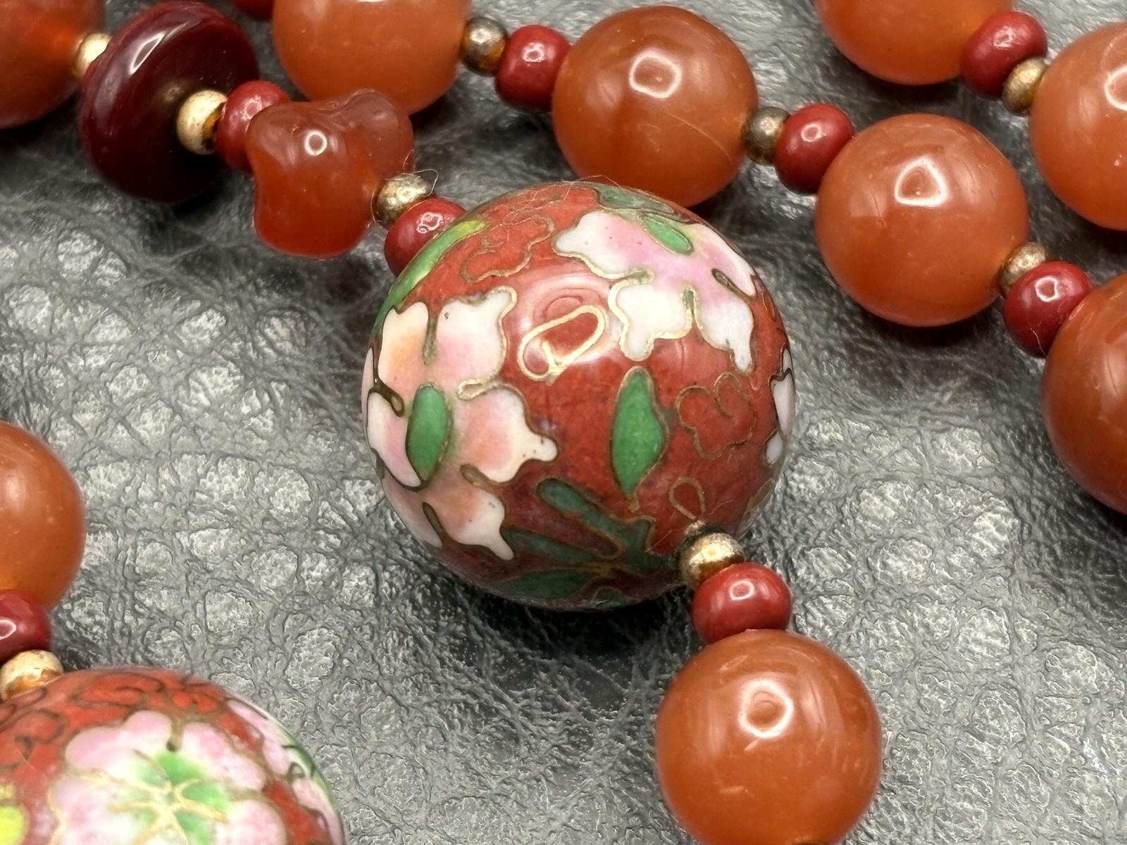 VTG Bird Butterfly Asian Cloisonne Carnelian Bead Hand Knotted Necklace 28”