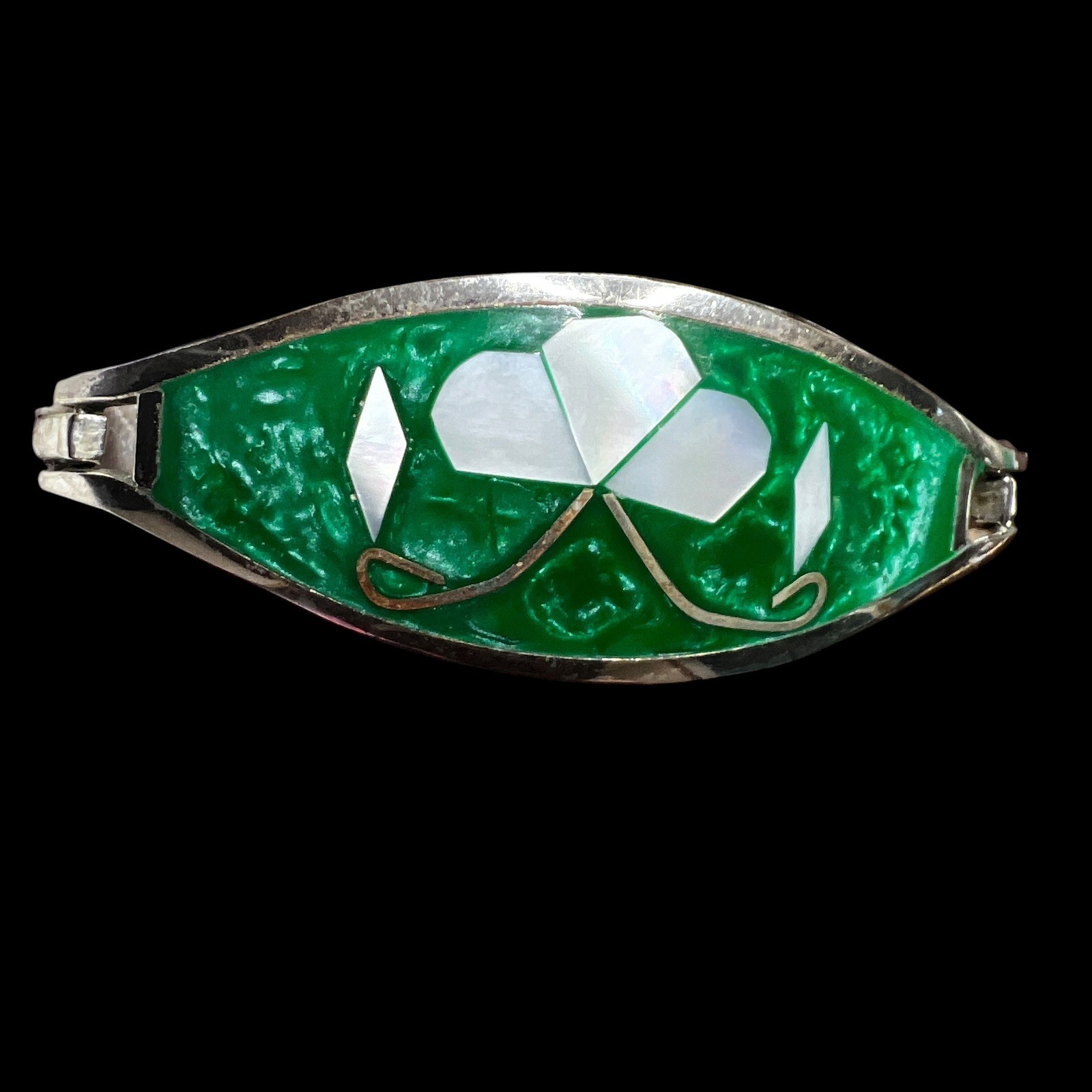 Vintage Alpaca Mexico Abalone Bangle Bracelet Silver Tone 7.5″ Green Enamel