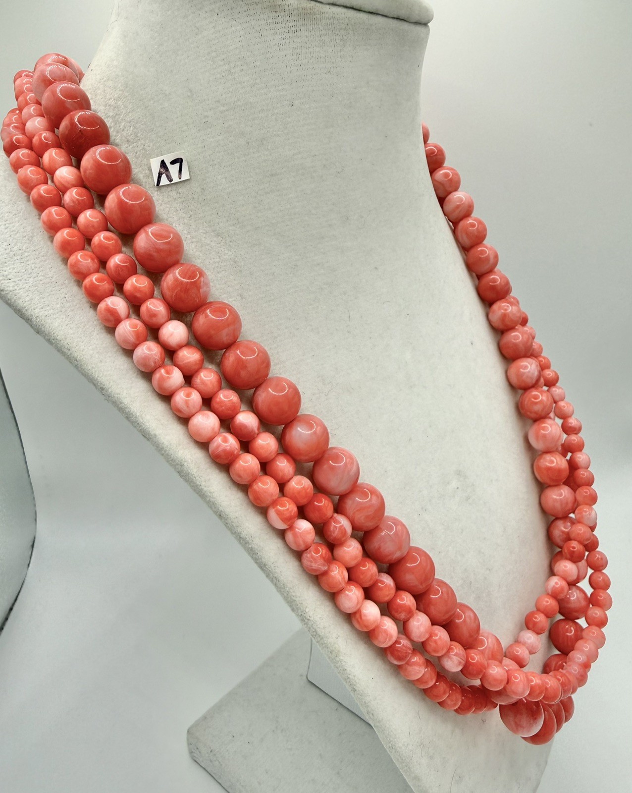 Vintage Pink Coral Orange Marbled Lucite Bead Necklace Multi Strand Statement