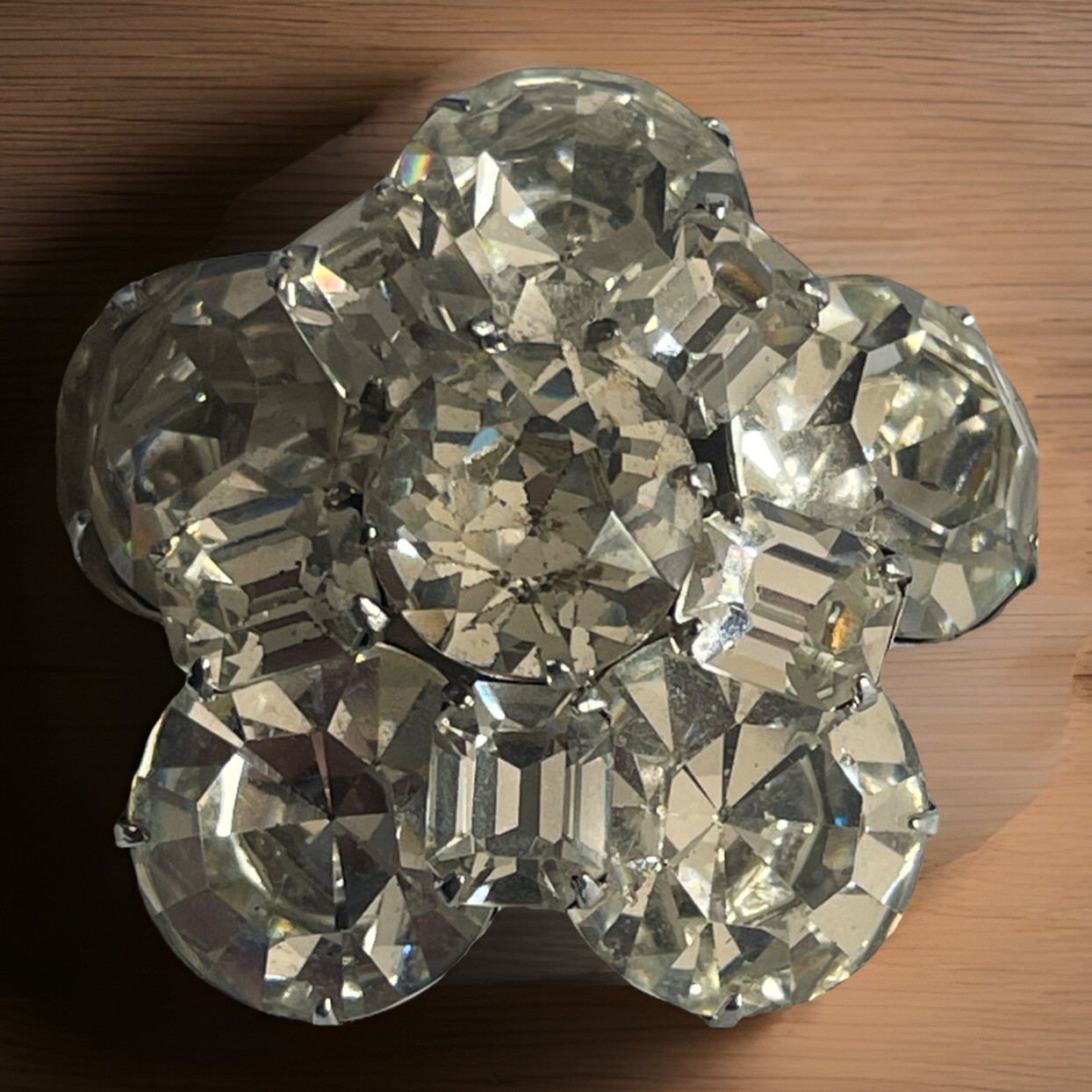 Kramer of NY Domed 1950s Brooch Emerald Cut & Large 1.5” Round Rhinestones E9