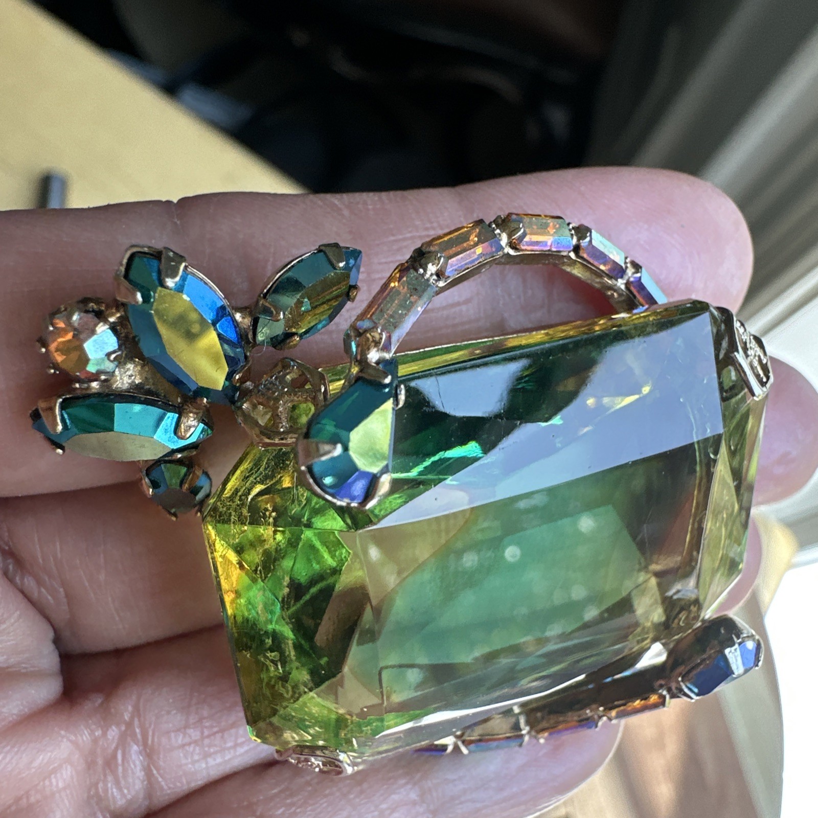 VTG Shadowbox Cocktail Brooch 2 Inch Vitrail Emerald Cut Blue AB Gold Filigree