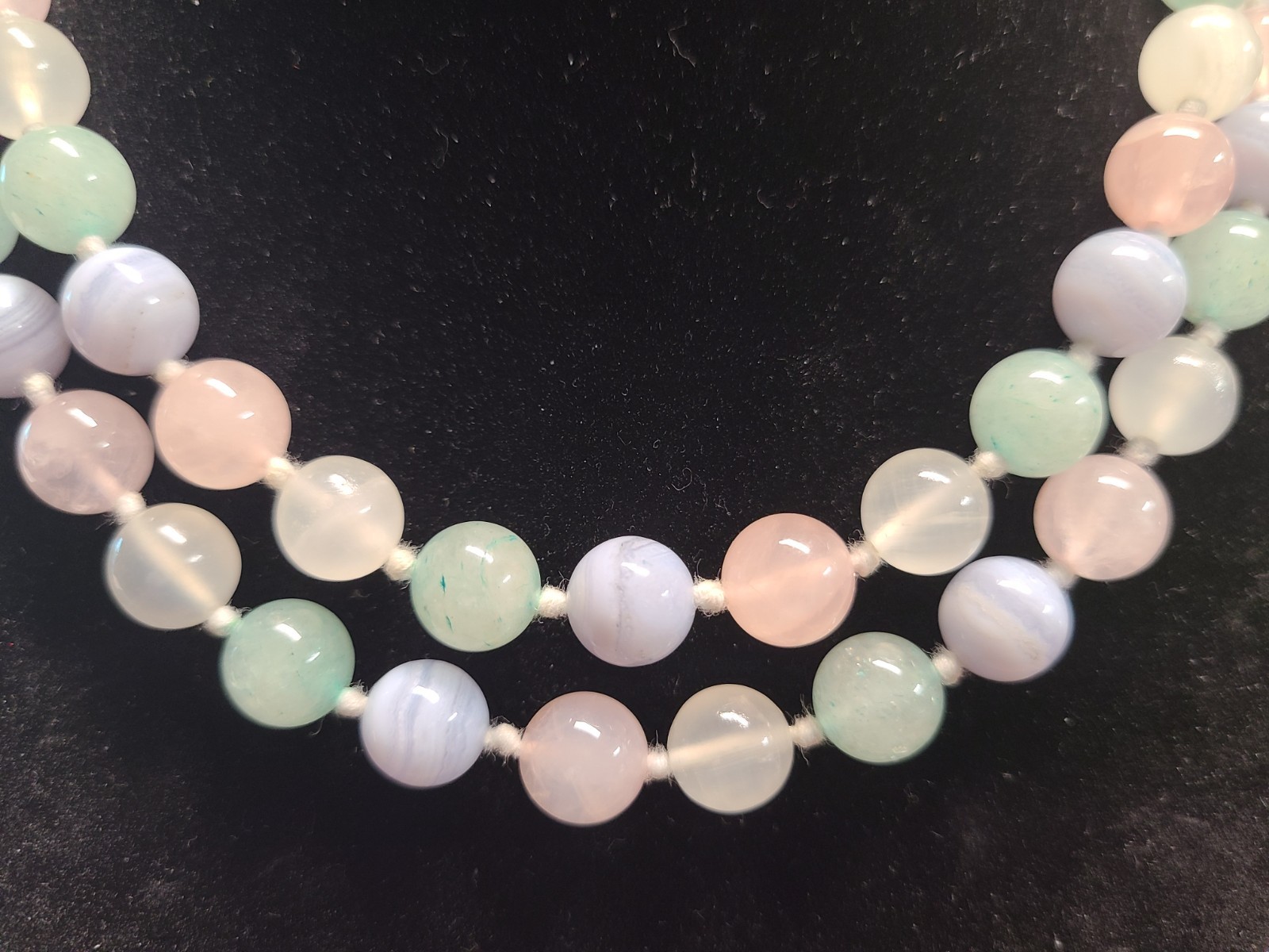 Vintage Jadeite Jade Bead Necklace 32” Knotted Pastel Colors 10mm 97.5g
