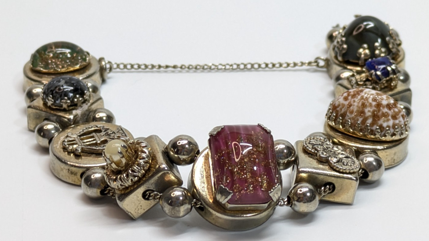 VTG Art Glass Stone Copper Fluss Antiqued Silver Tone Slide Charm Bracelet 7.5″