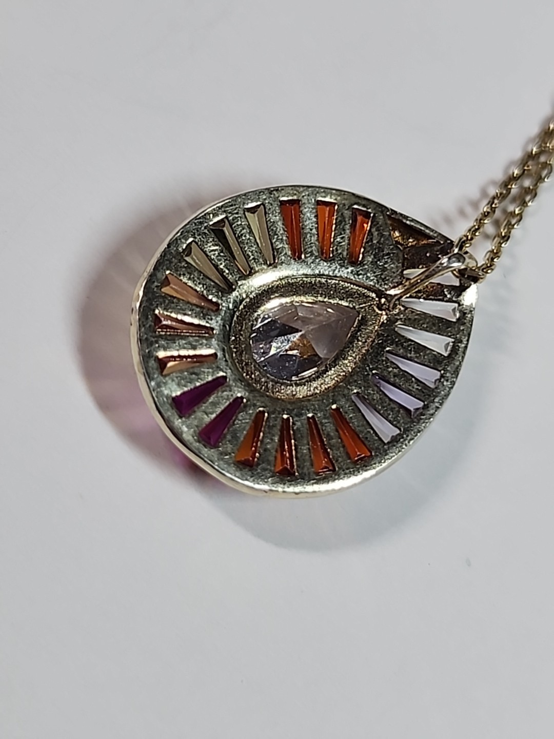 Rainbow Cluster Stones Teardrop Pendant Gold Over .925 Silver 17.5″ Necklace