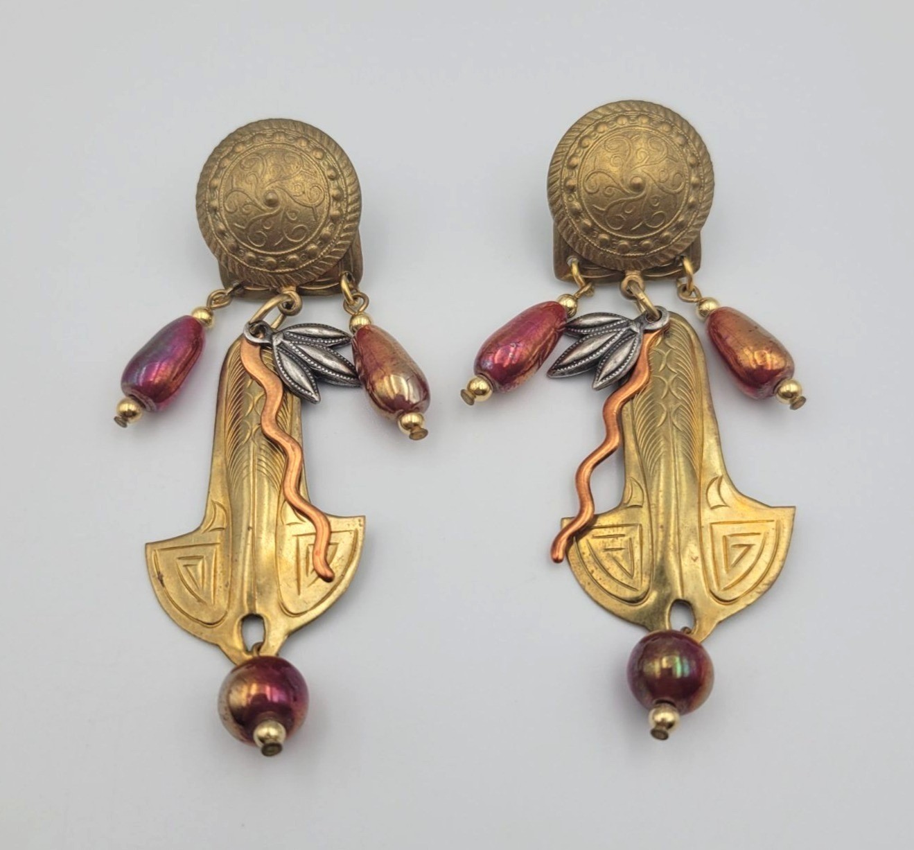 John Michael Richardson “Arabian Nights” Dangle Drop Earrings Brass Copper Glass