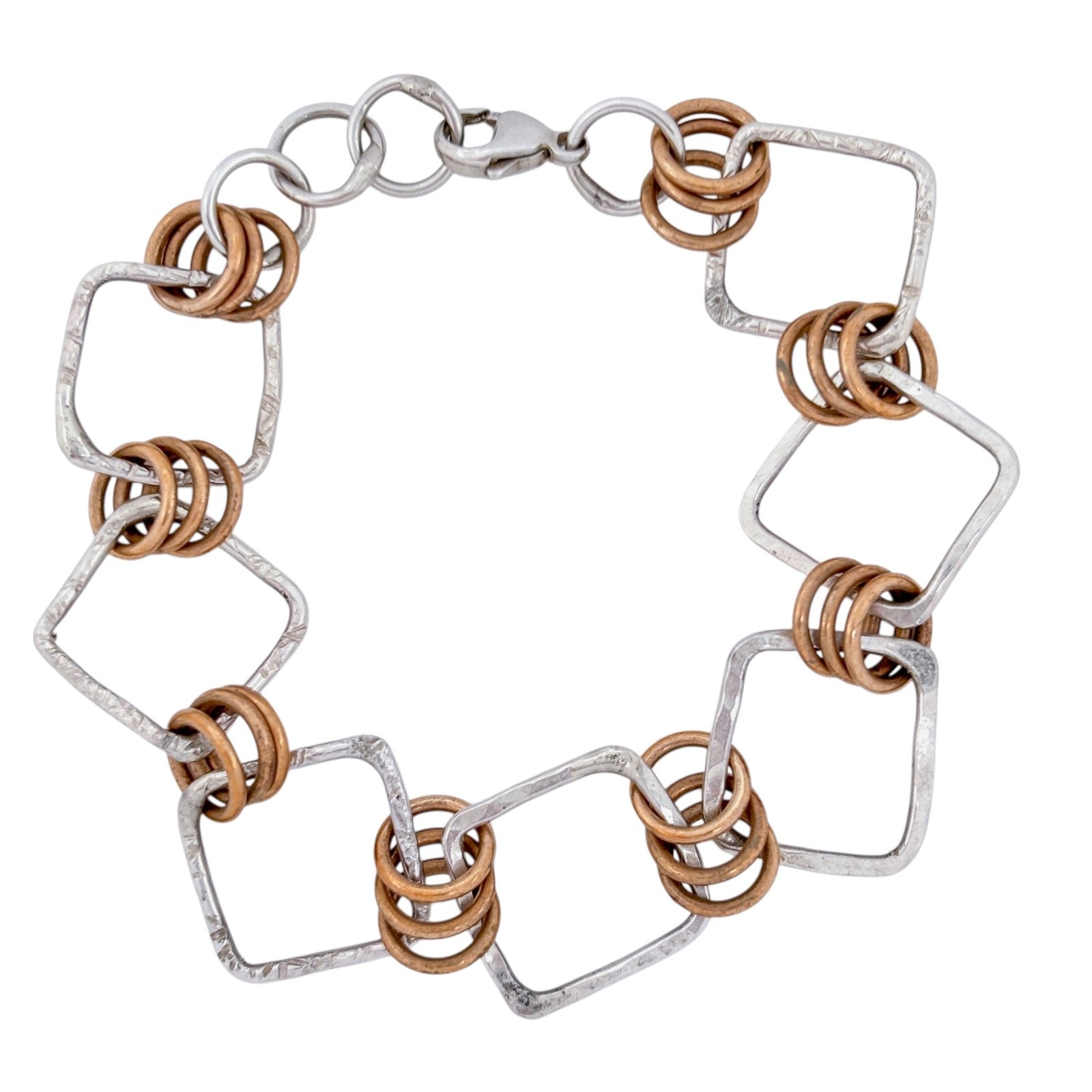 Vintage Sterling Silver 925 Mixed Metal Geometric Link Bracelet 7.5″-8″