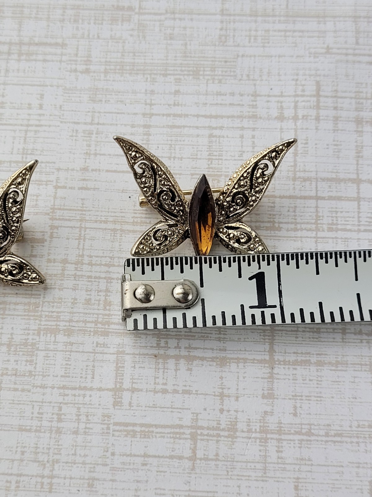 2 Small Gold Tone Butterfly Scatter Pins With Amber Brown Rhinestones 1″