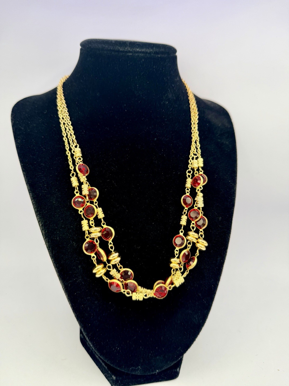 1 Pc Vintage Gold NOS Made With Red Swarovski Crystal Chain Necklaces 18” KR