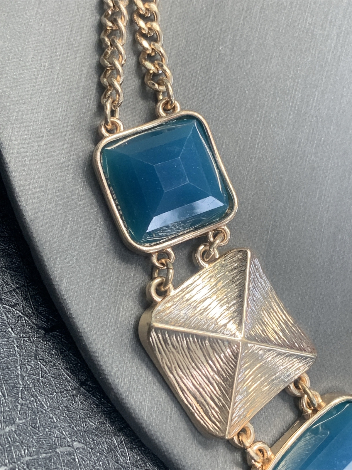 Vintage Teal Blue, Golden Chain, Bib Statement Necklace 18”