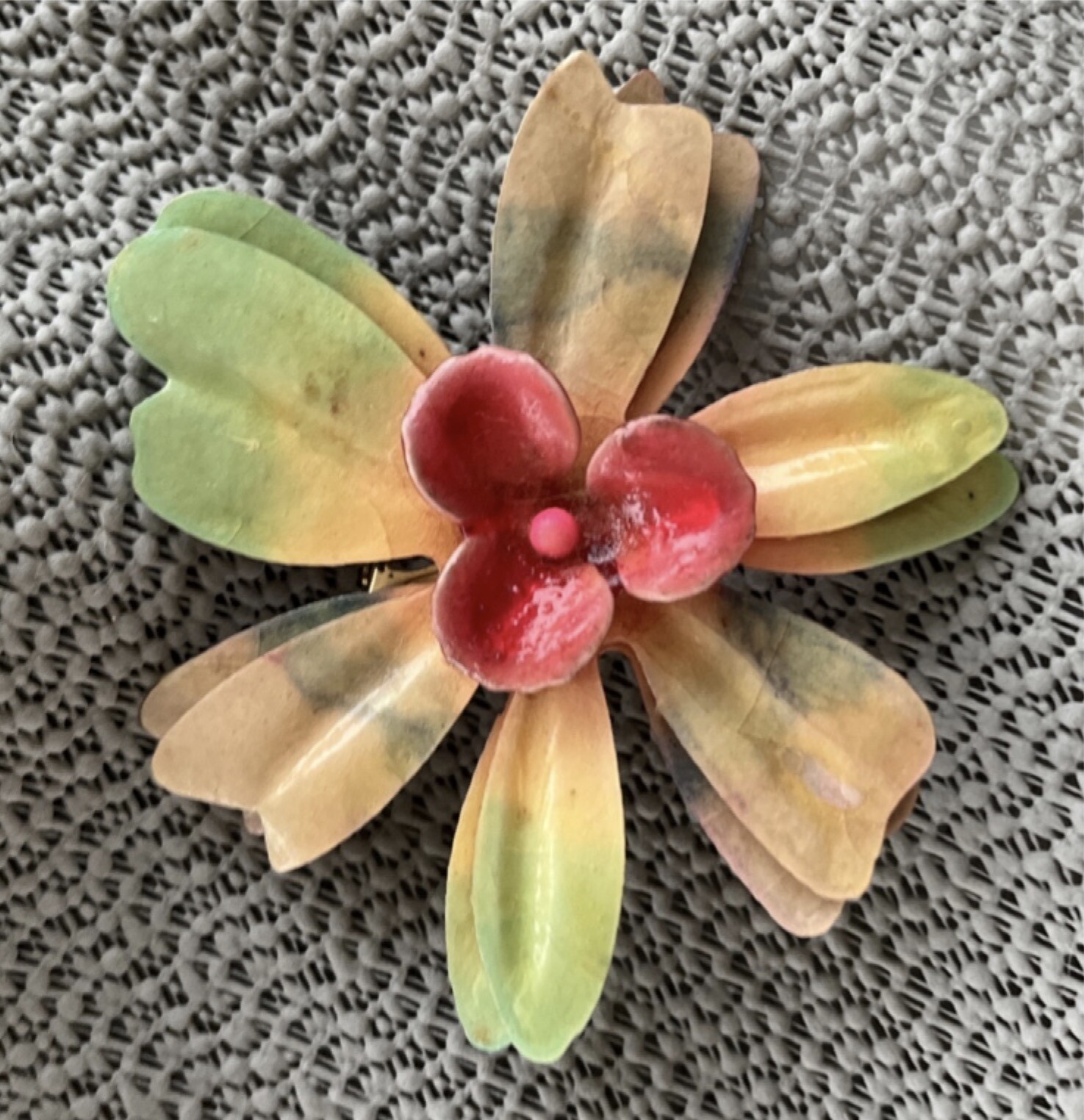 Vintage Large Enamel Flower Pin – lightweight not metal – papier mache? resin?