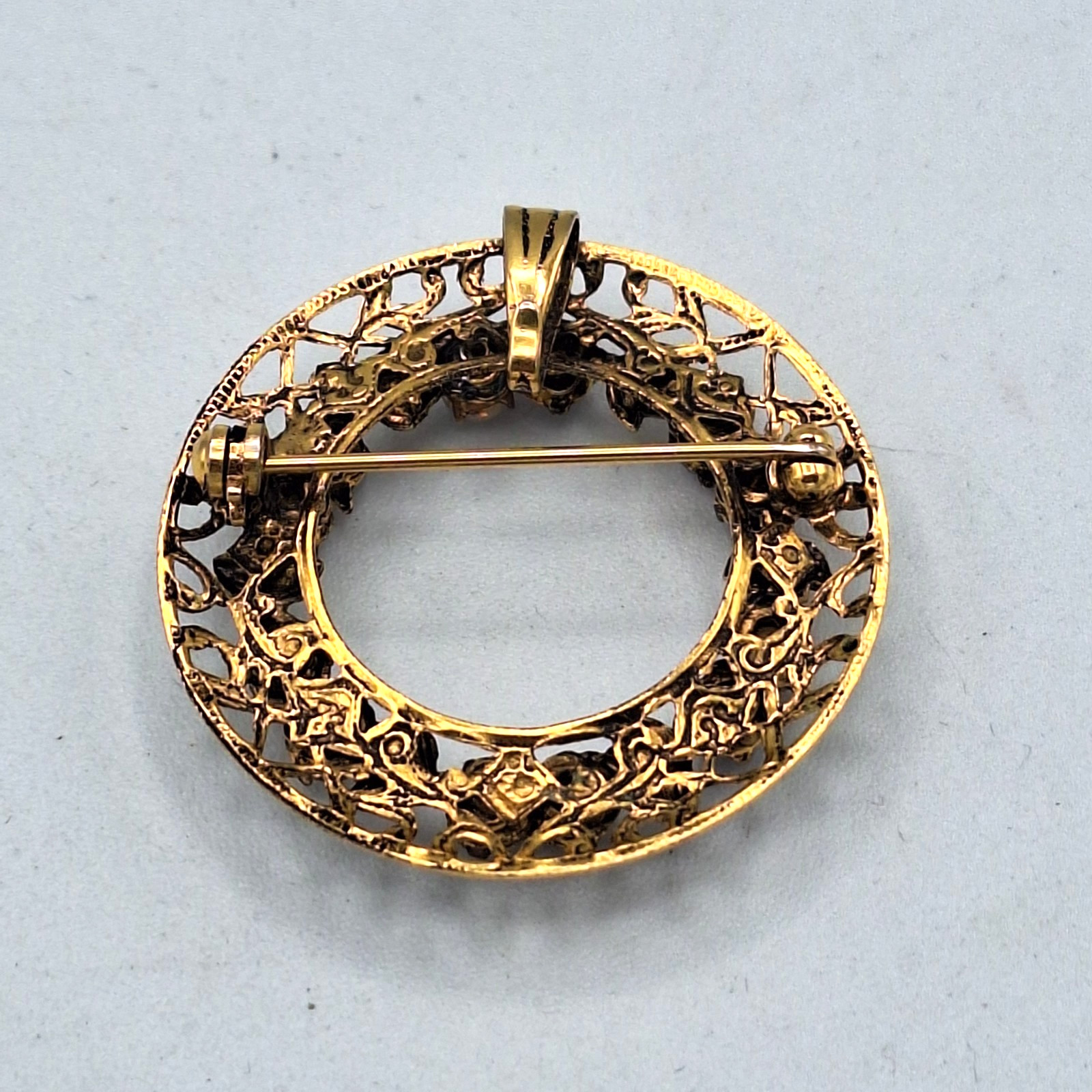Vintage Faux Opal Filigree Wreath Brooch Pin with Pendant Bail, Gold Tone, 1.25″