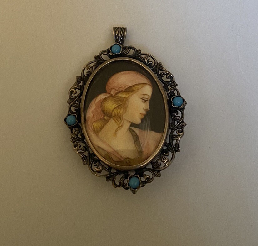 Vintage 800 Silver Filigree Blue Glass Hand Painted Portrait Brooch or Pendant