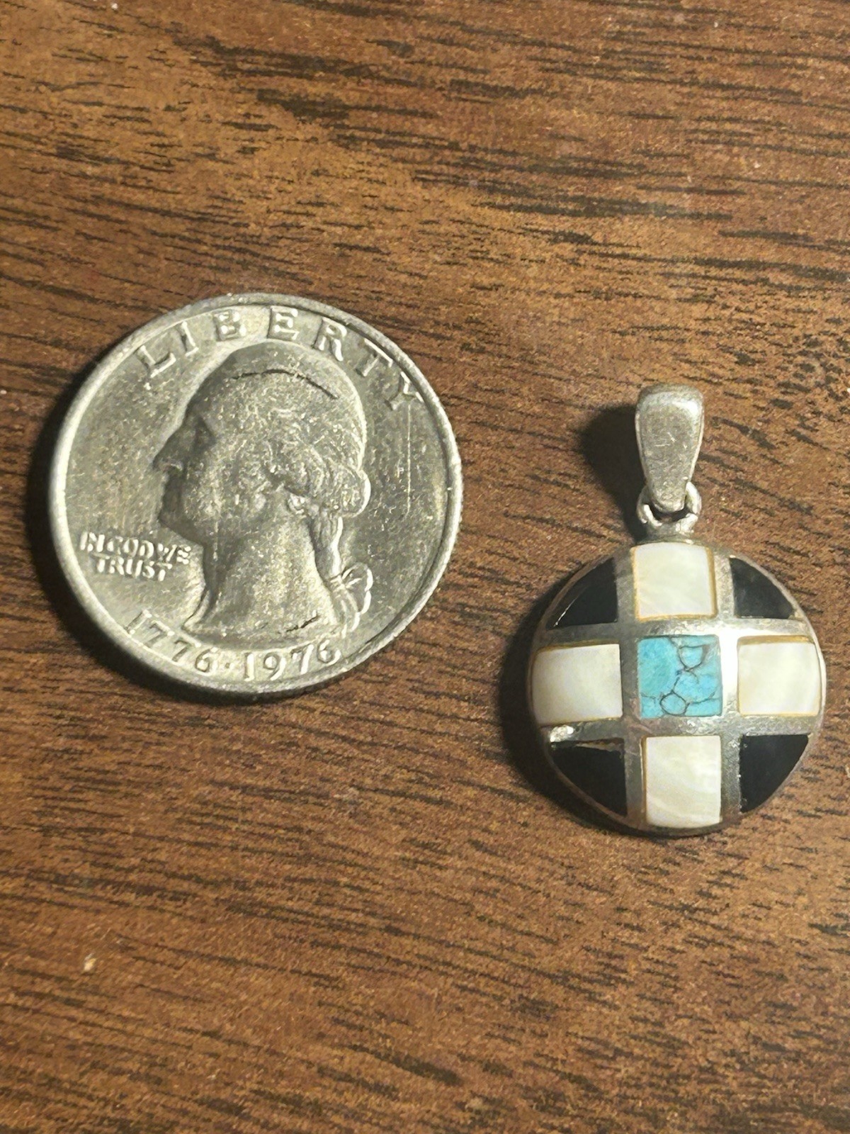 Vintage Round Sterling Silver Onyx Turquoise Shell Inlay Mosaic Pendant