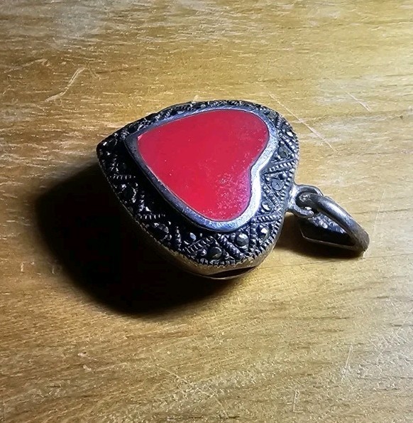 Sterling Silver Marcasite Puffy Heart Locket Pendent Charm Red Coral Center