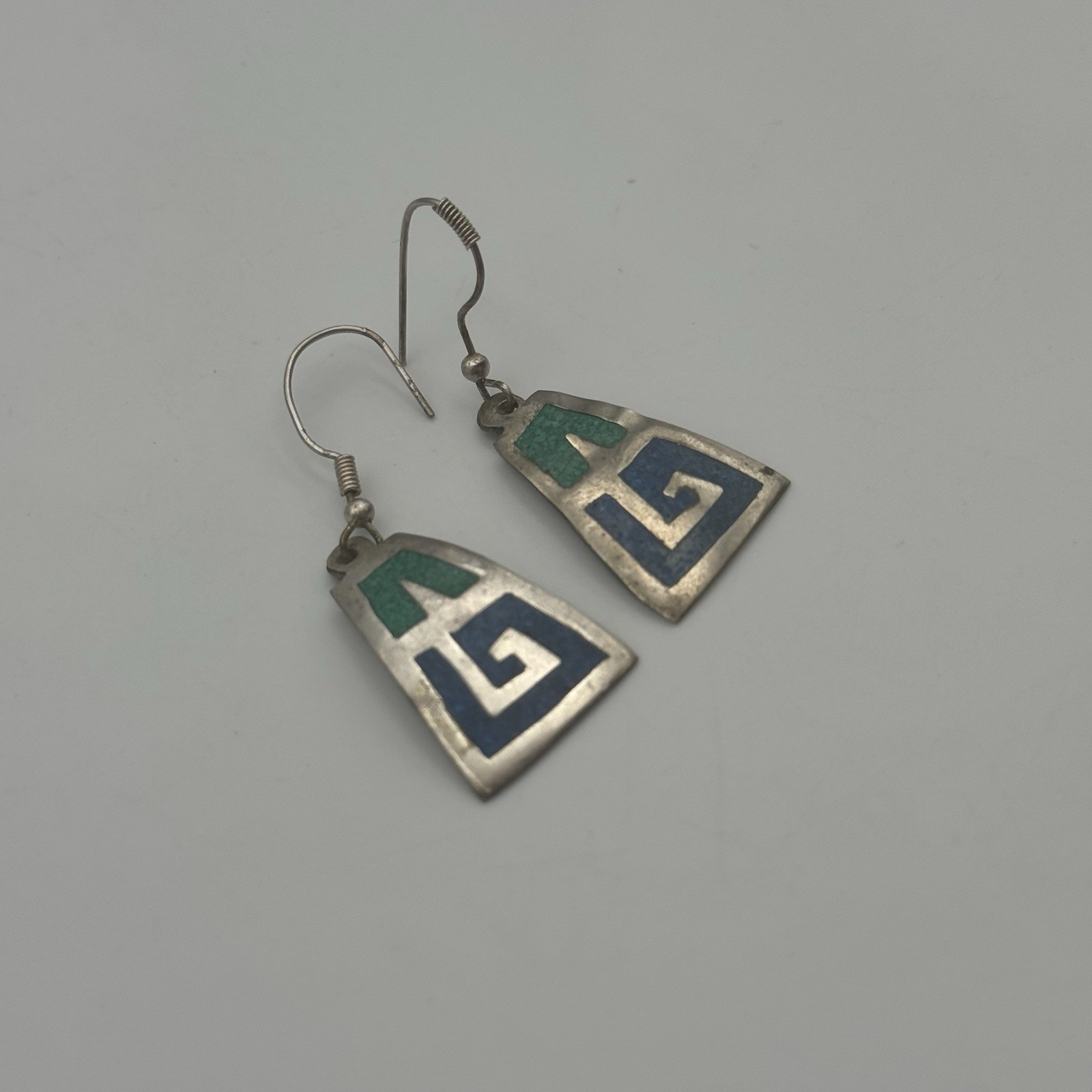 925 Mexico Geometric Earrings Blue + Green Crushed Turquoise Chip Inlay 3.9g
