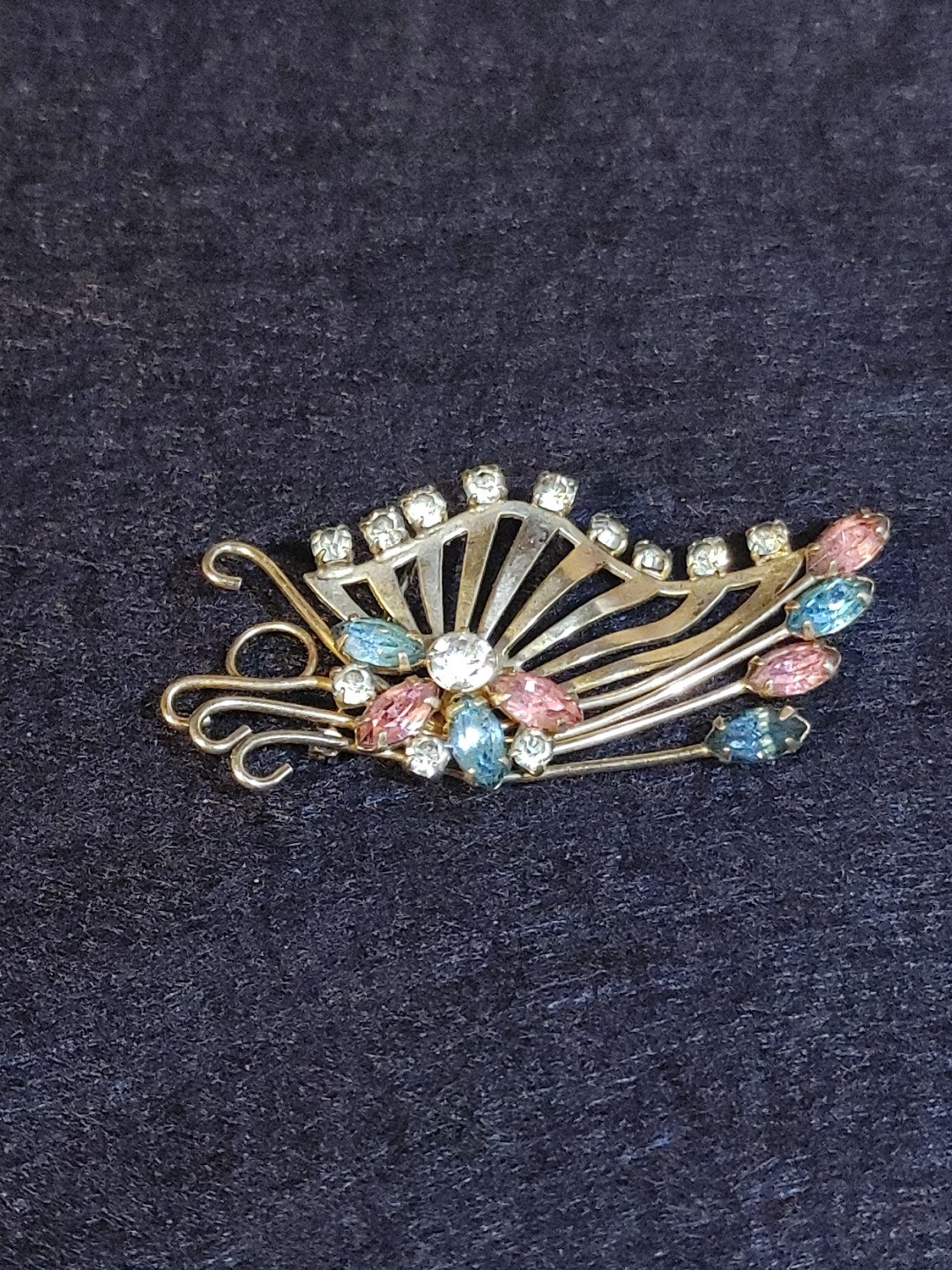 Butterfly Brooch P&F 12k Gold Filled Glass Rhinestones Pink Blue Clear