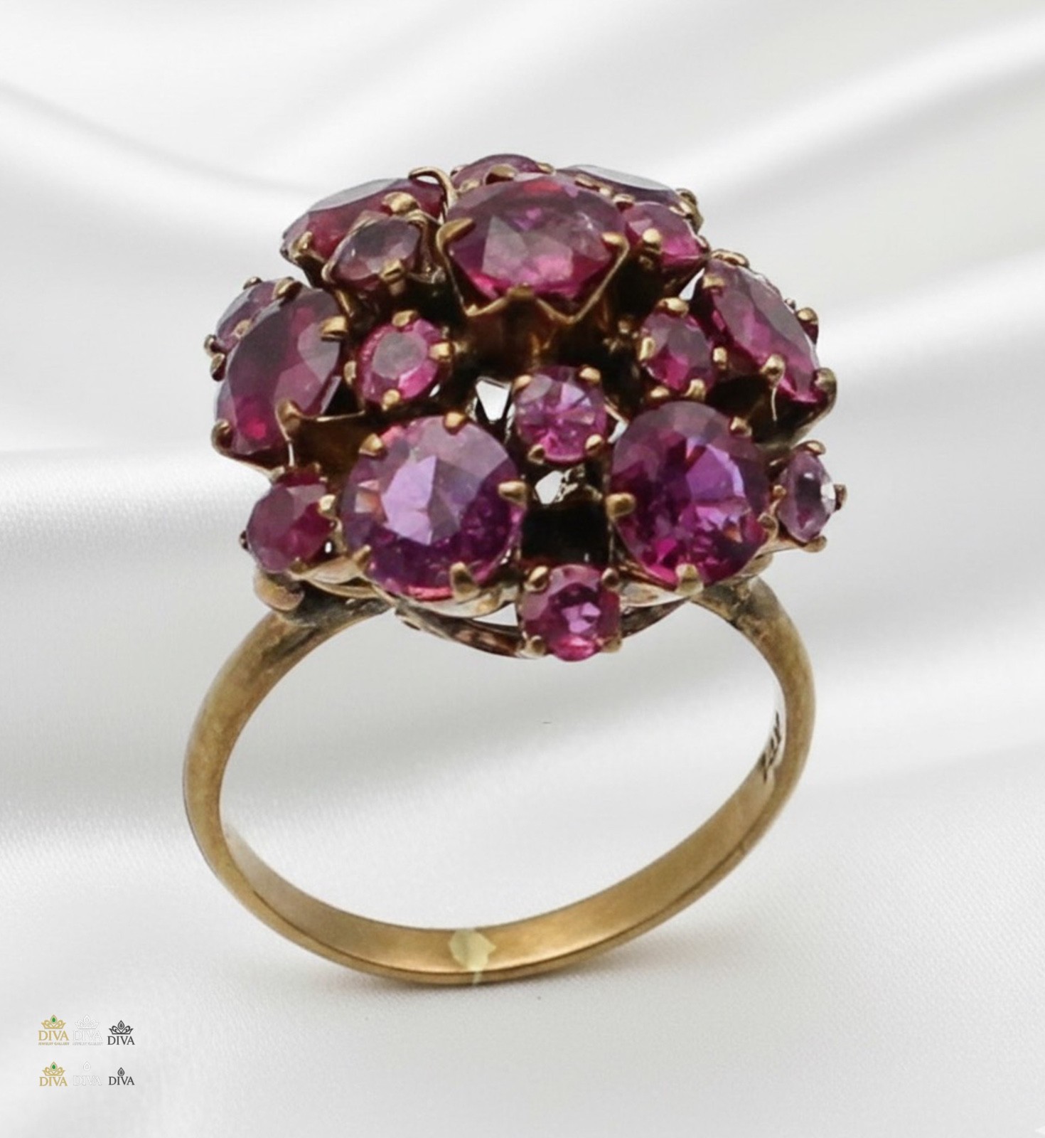 Vintage Ruby / Pink Sapphire Dome Cluster Cocktail Ring 14K Yellow Gold Sz 5