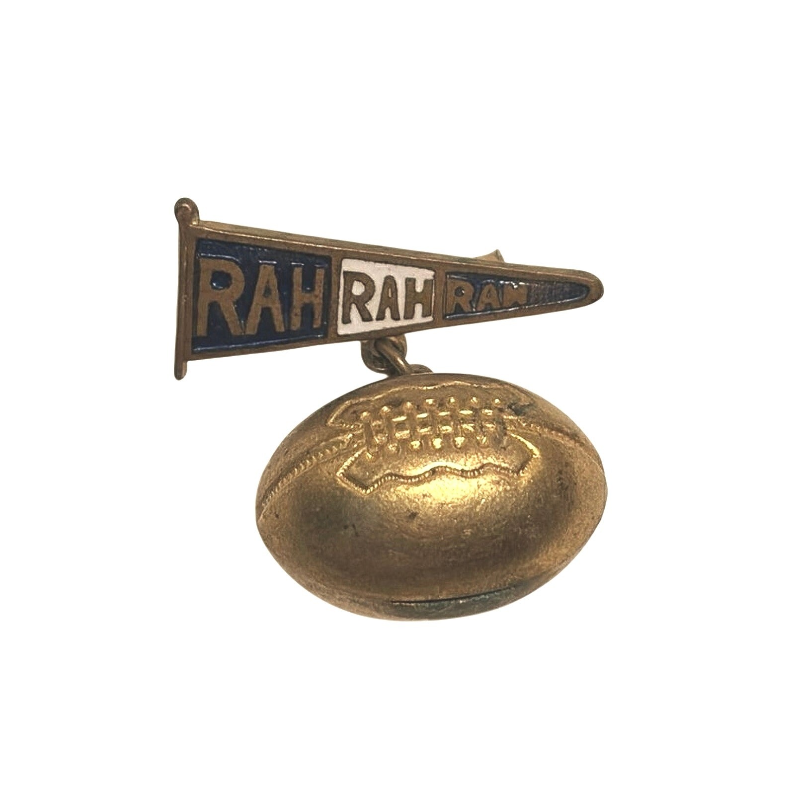 Vintage RAH RAH RAH Football Dangling Pennant Brooch Pin Gold Tone Enamel