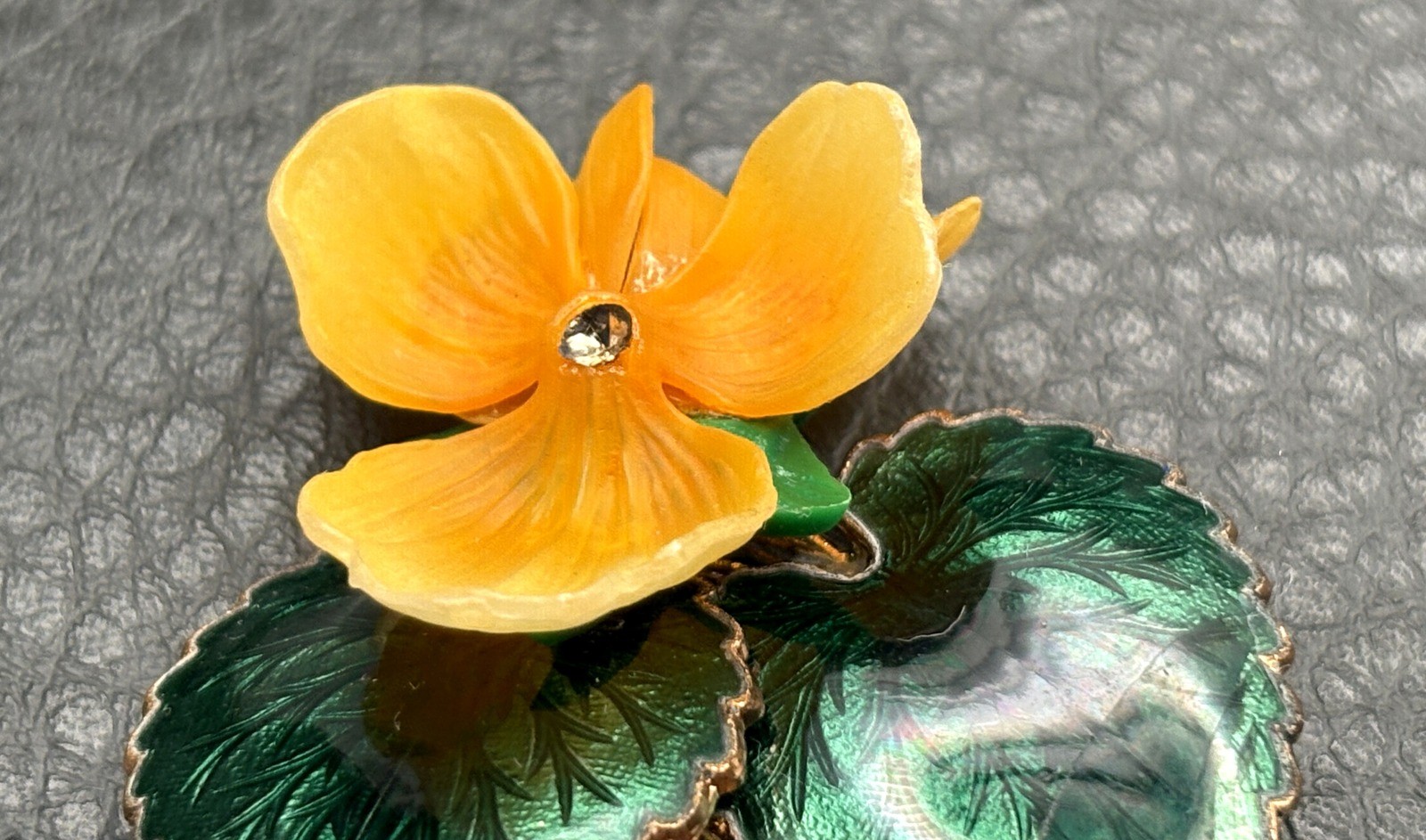 Vintage Yellow Pansy Flower Brooch Rhinestone Green Enamel Leaves Gold Tone Pin