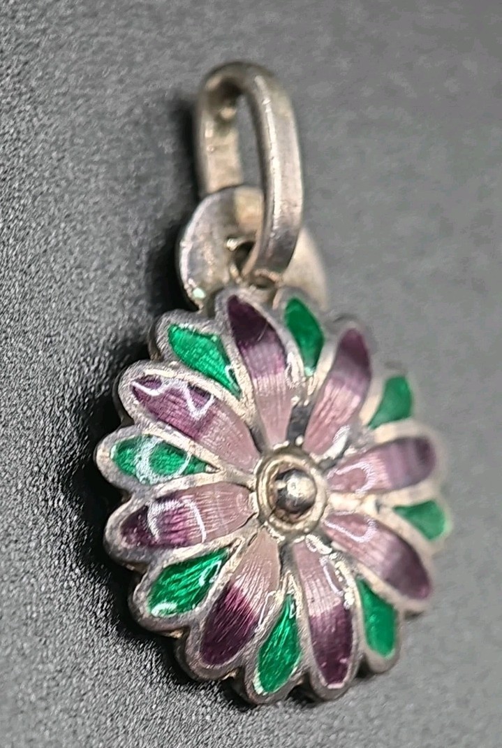 ​Vtg Mexico 980 Silver Enamel Flower Pendant Purple Green Daisy Taxco…