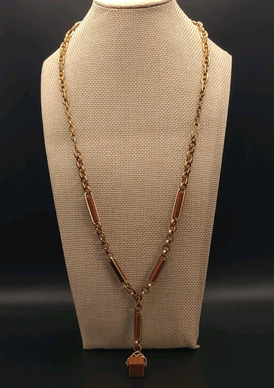 Antique Victorian Goldstone Gold Filled Heavy Chunky Cube Pendant Necklace 27″