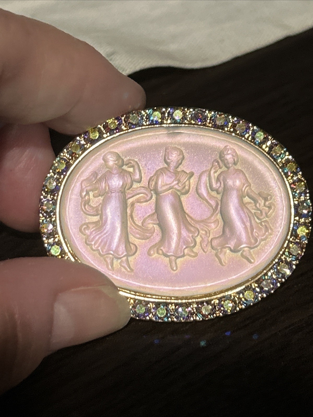 Vintage Kirk’s Folly Camphor Iridescent Glass 3 Dancing Maidens Brooch AB Stones