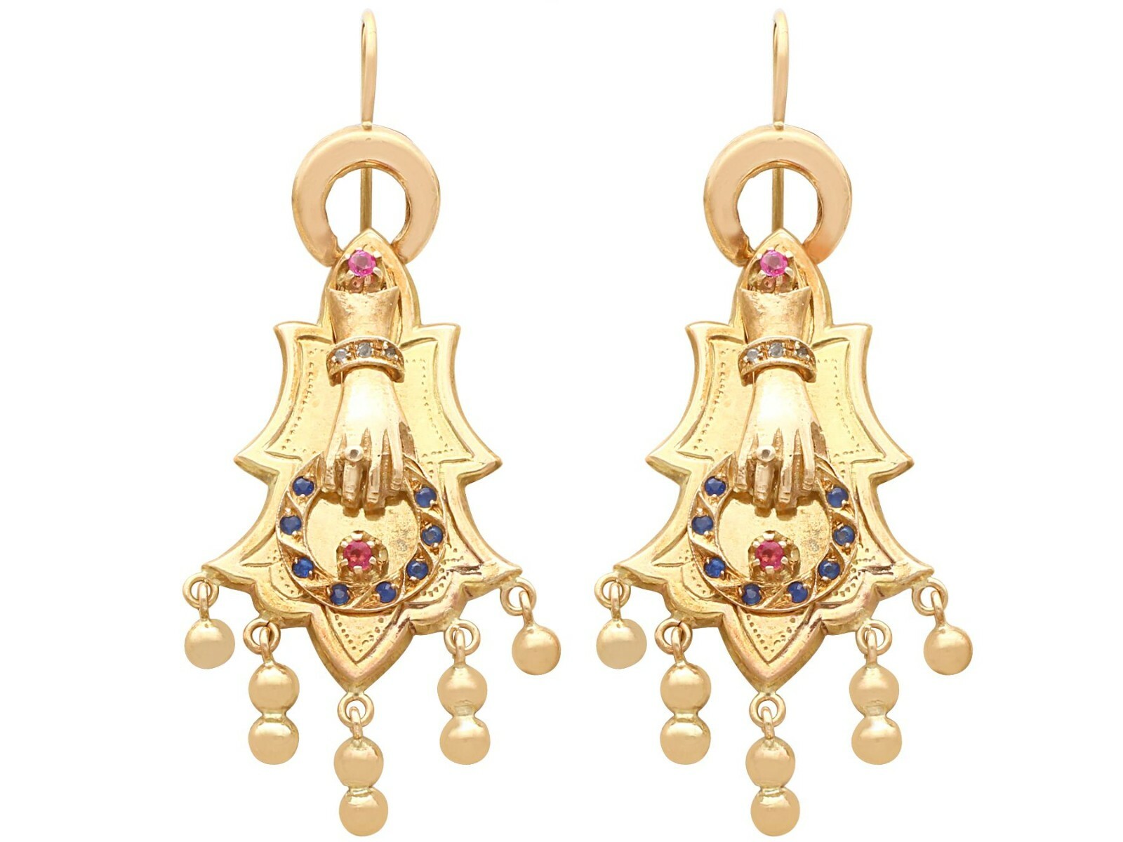 Antique 0.35ct Sapphire and 0.27ct Ruby, 14 ct Yellow Gold Earrings