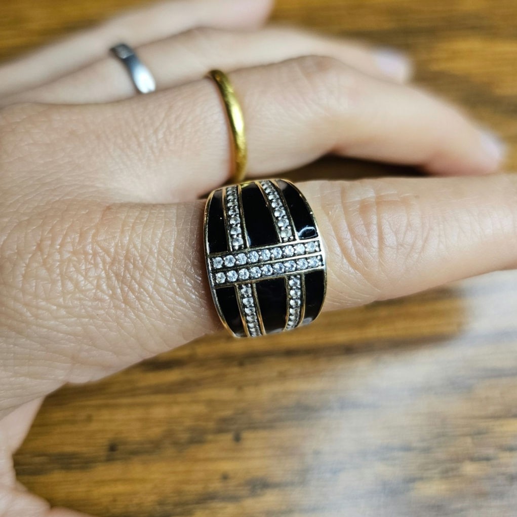 Vintage AVF Signed Vermeil Sterling Black Enamel & White Topaz Ring