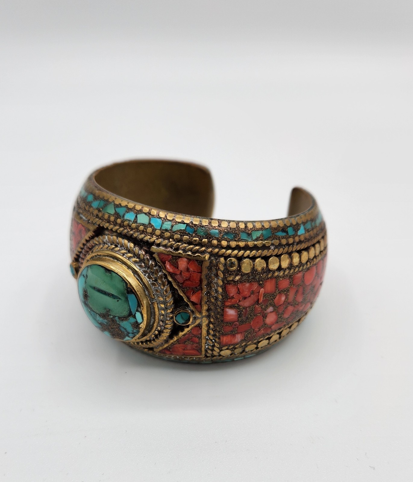 Vintage Brass Tibetan Style Inlaid Cuff Bracelet Multi Color Stones