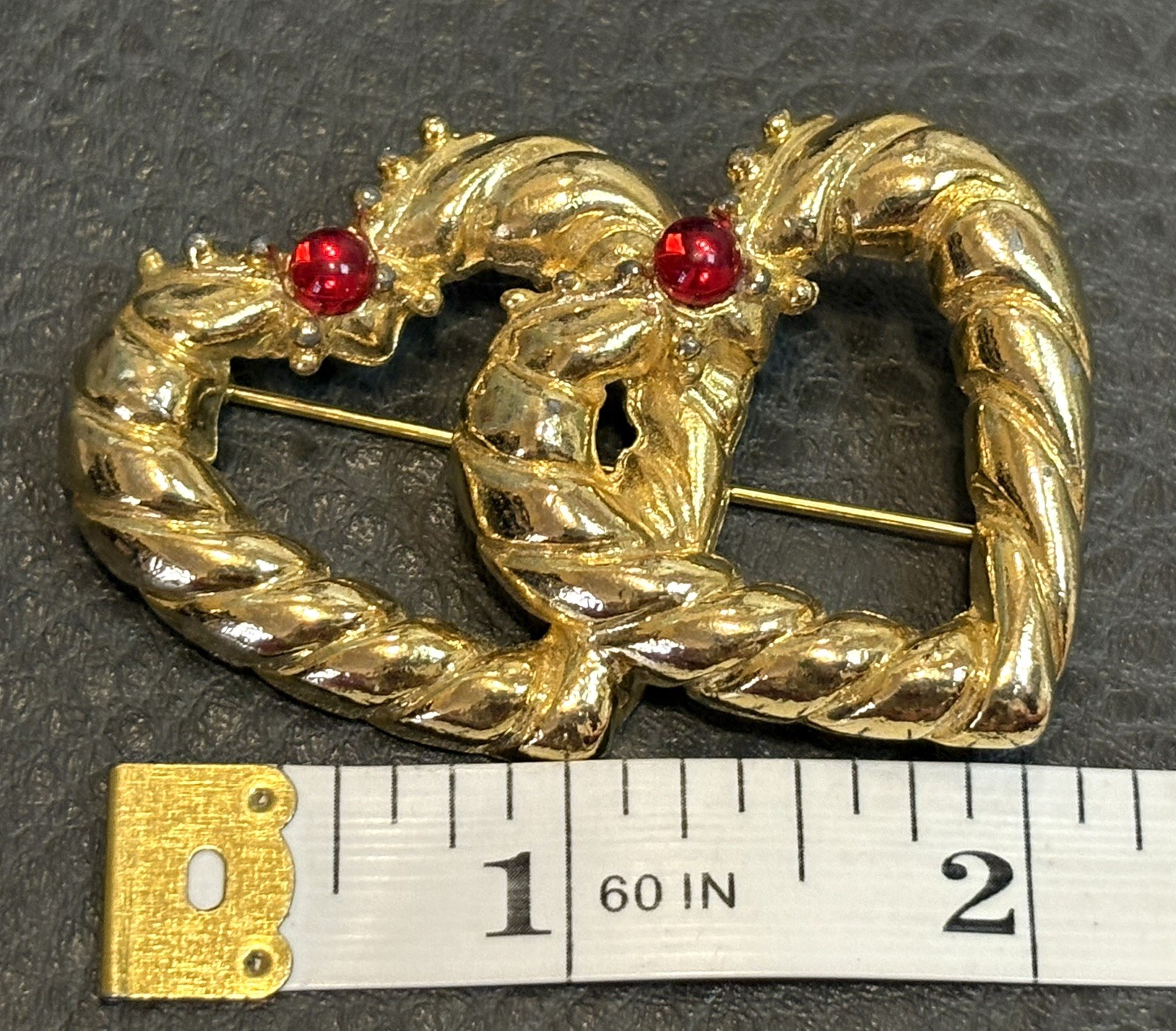 Vintage 80’s Double Heart Pin Brooch Red Gripoix Style Cabochon Gold Tone Runway