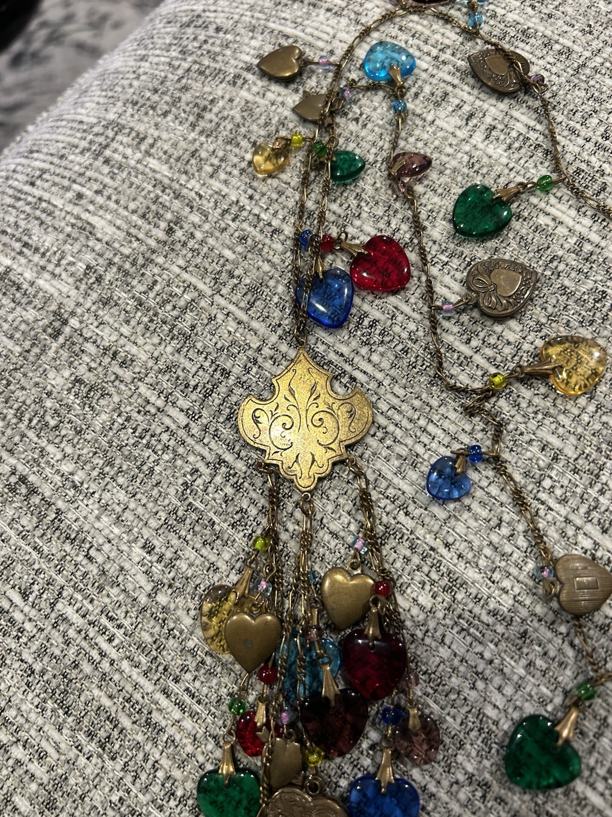 Signed Vintage Glass Works Studio Long Necklace Colored Glass Hearts Victorian