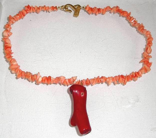 Signed Vintage Pink Coral Necklace With Red Pendant by Kenneth J. Lane