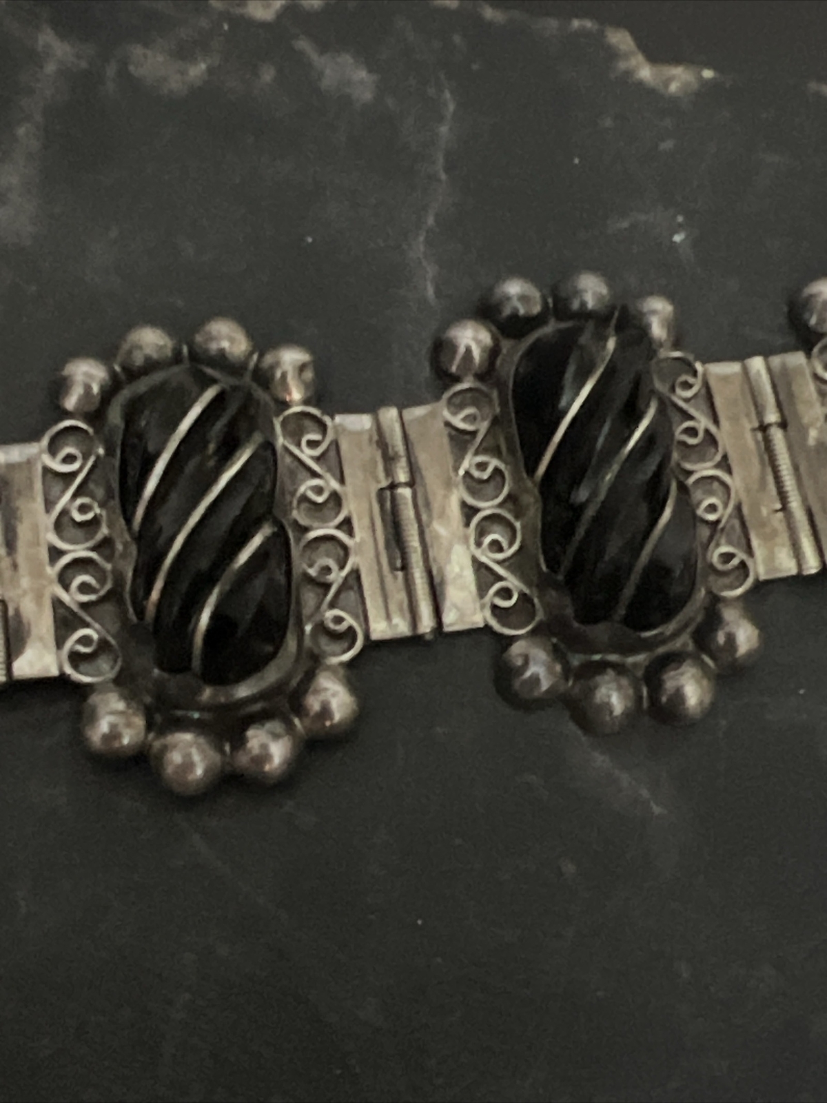 Vintage Sterling Onyx Bracelet & Earrings Set By Del Rio 64 Grams