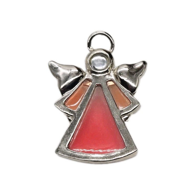 Angel Brooch Pink Glass Pin Silver tone Wings and Halo Deco Guardian 1.75 in