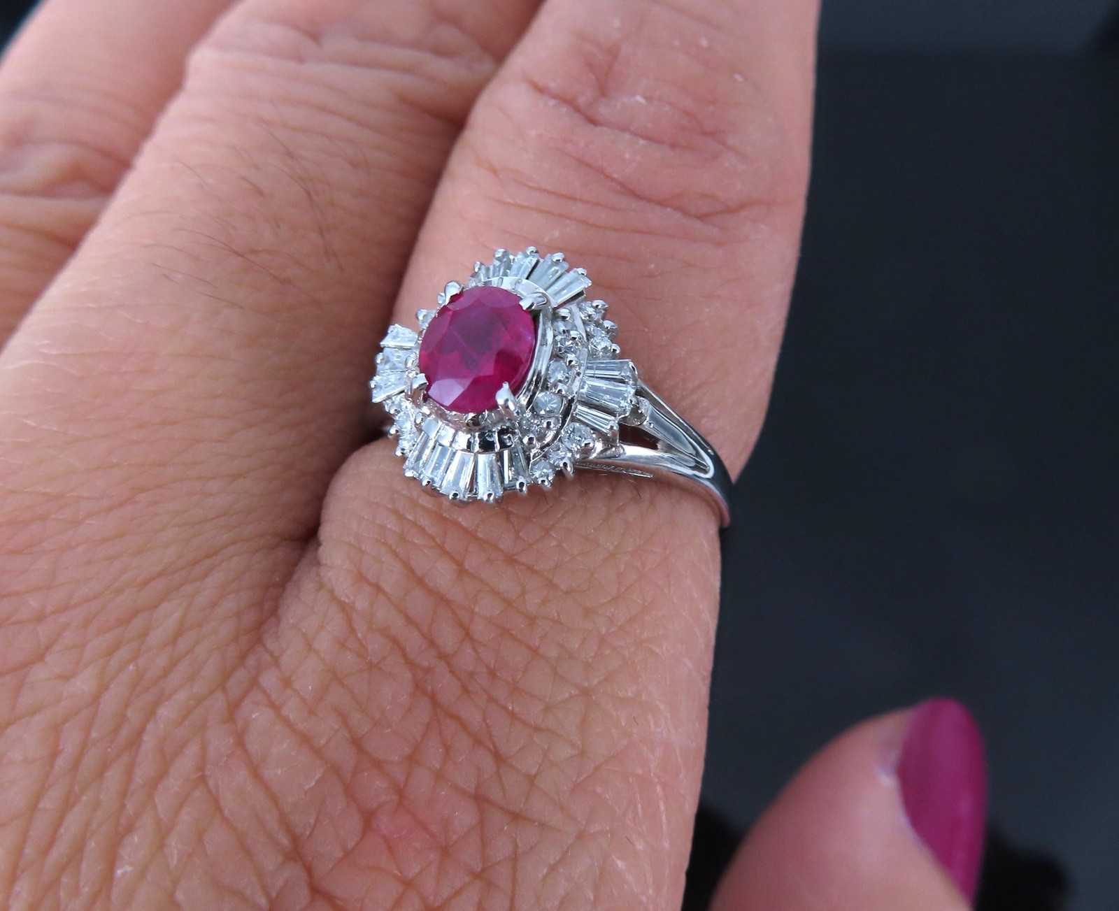 Fine 0.77ct Intense Red Ruby & 0.35ct Diamond Platinum Cocktail Ring Size 6.75