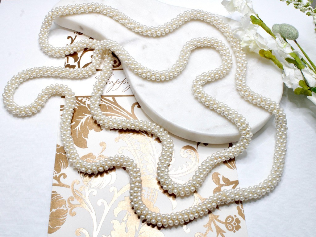 62″ No Clasp Vintage Handmade Crocheted Faux Pearl Necklace Victorian Era Style