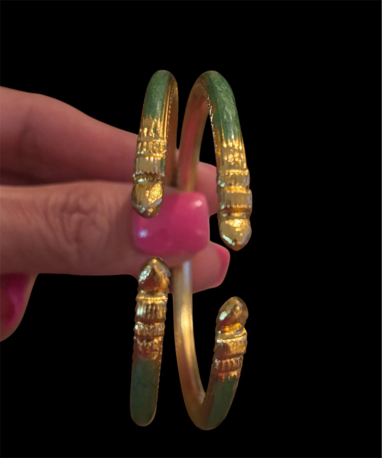 Enamel Open Cuff Bracelet with Snake Like Ends / Lime Green