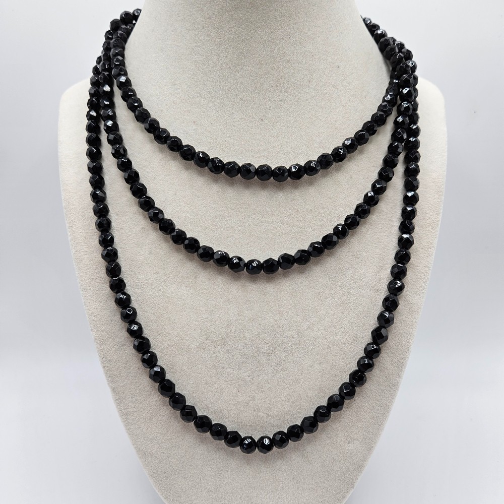 VINTAGE Convertible Black Faceted Glass Bead Long Necklace Round Box Clasp Close