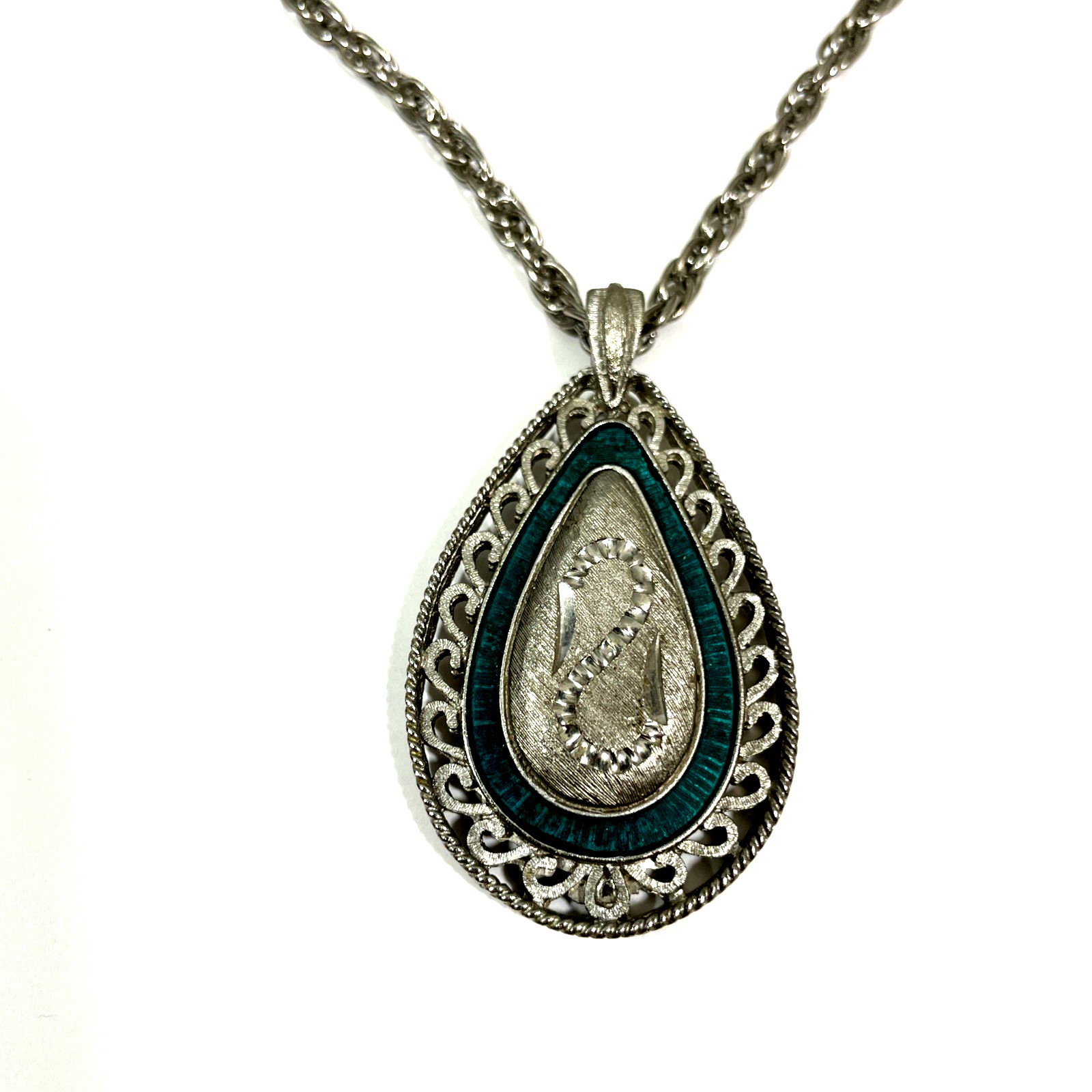 Vtg Silver Tone Teardrop Pendant Necklace Etched Estate Jewelry Signed Revere