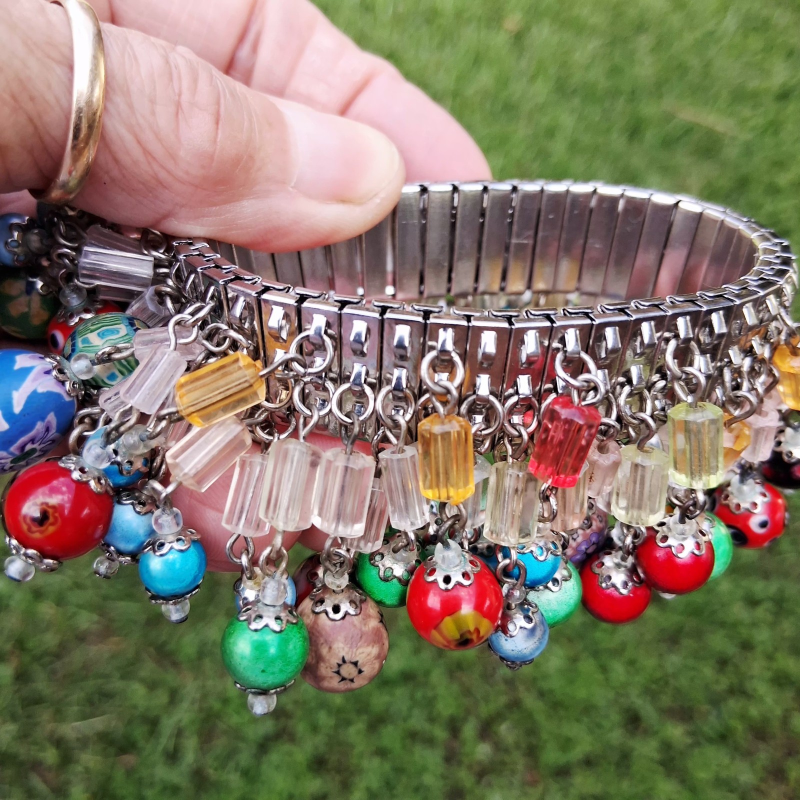 Vtg Cha-Cha Charm Bracelet Millefiori Venetian Glass Clay Crystal Beads Stretch