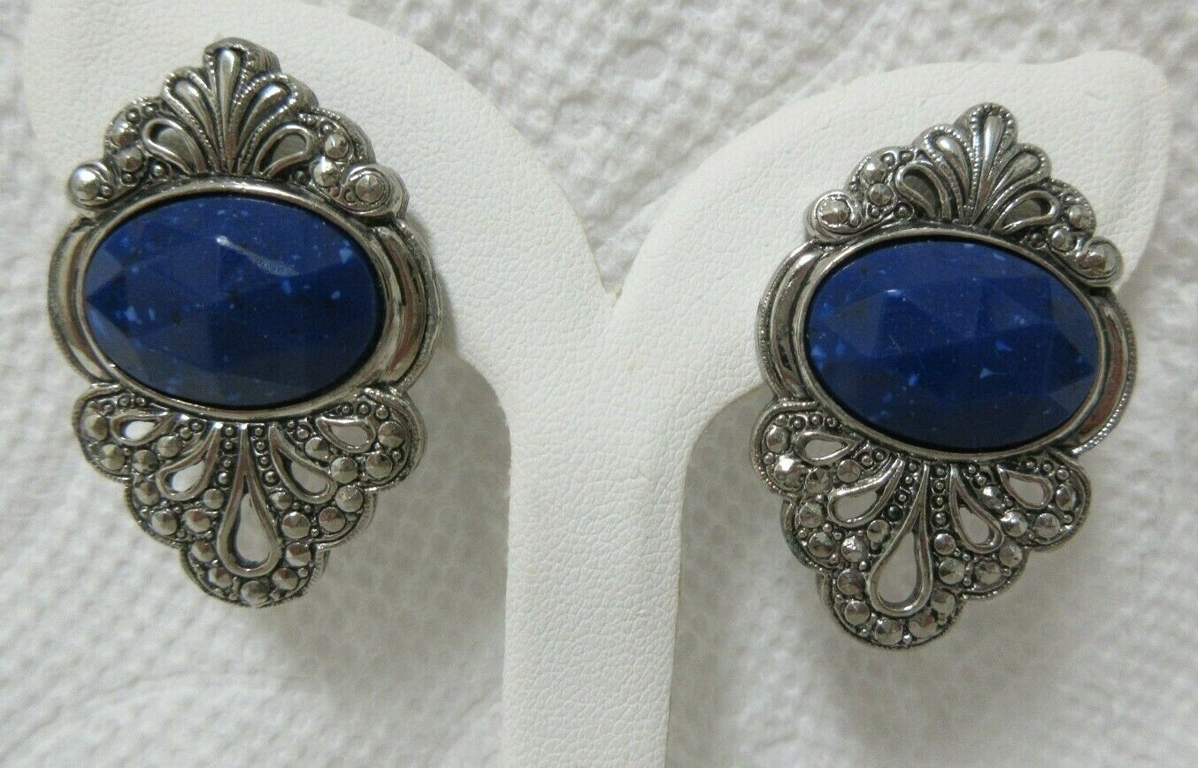 Vintage Silver Tone Faceted Blue with White Dots Faux Marcasite Pierced Earrings