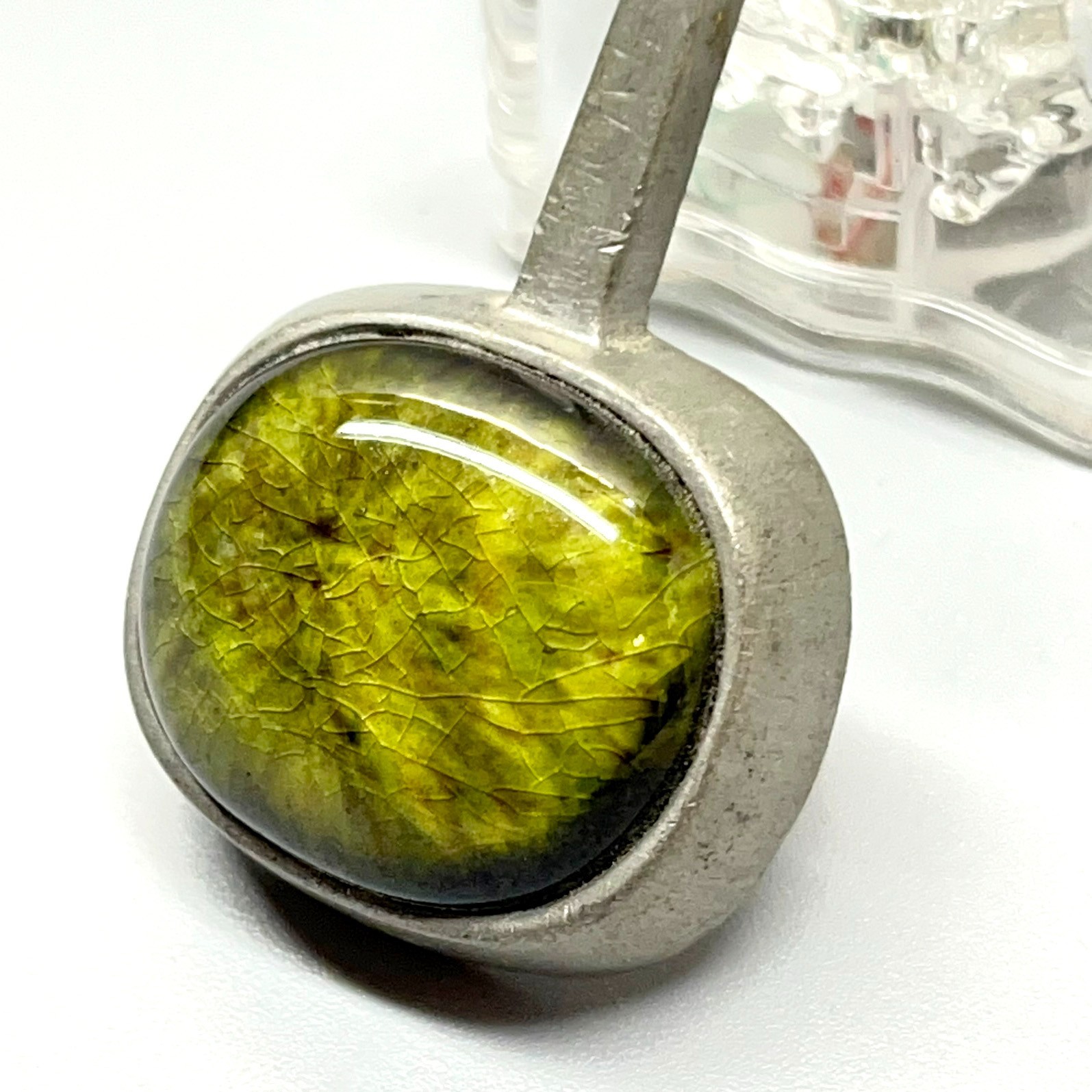 Signed Roland Landerholm Tenn Vintage Modernist MCM Pewter Green Ceramic Pendant