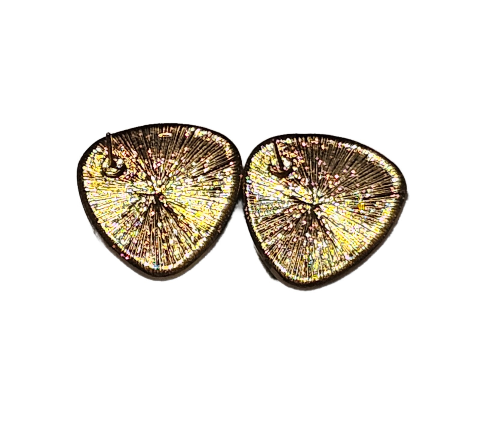 Vintage Retro Green Trillion Cabochon Stud Earrings Gold Tone Textured Border